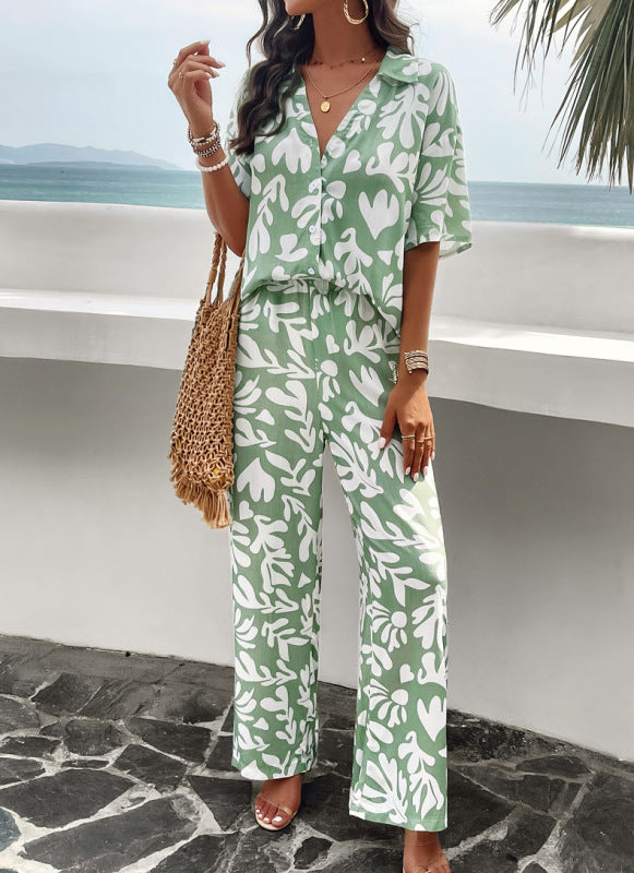 Elegant printed short-sleeved trousers two-piece suit - Green / S
