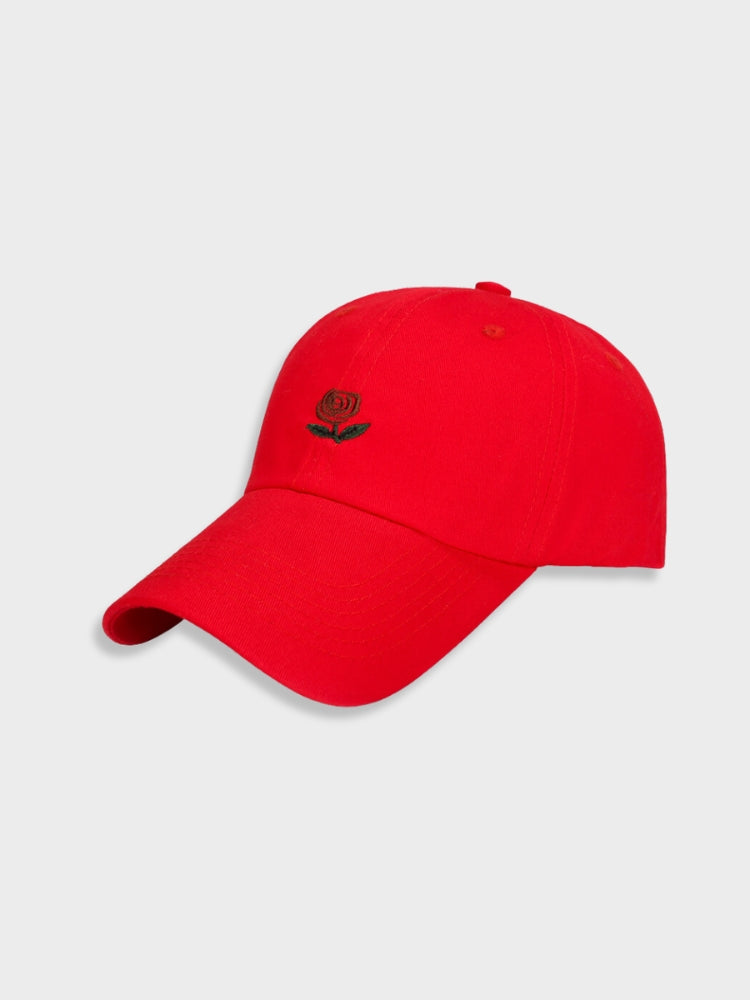 ELEGANT ROSE CAP WITH BLACK BASEBALL DESIGN AND RED ROSE DETAIL