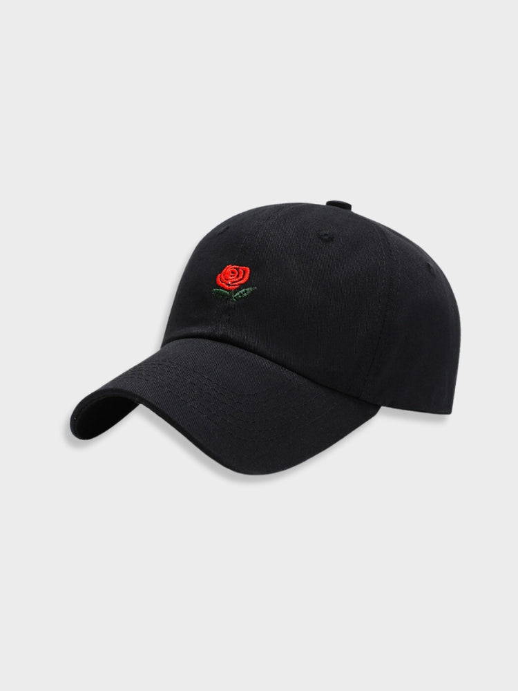 ELEGANT ROSE CAP WITH BLACK BASEBALL DESIGN AND RED ROSE DETAIL
