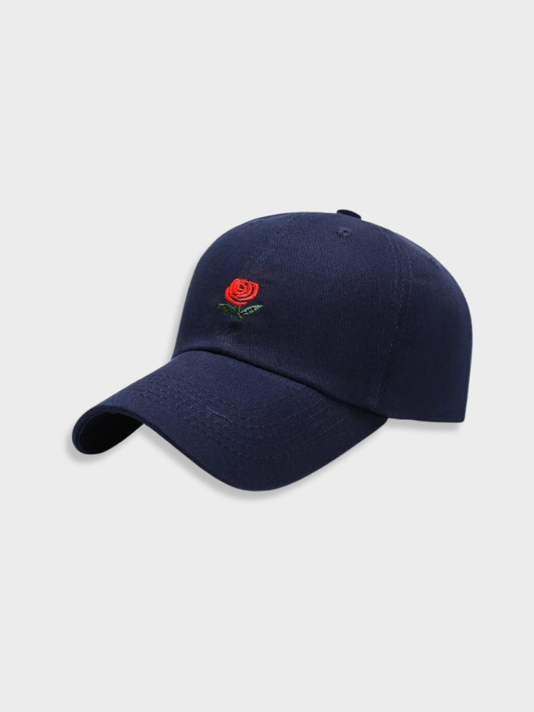 ELEGANT ROSE CAP WITH BLACK BASEBALL DESIGN AND RED ROSE DETAIL