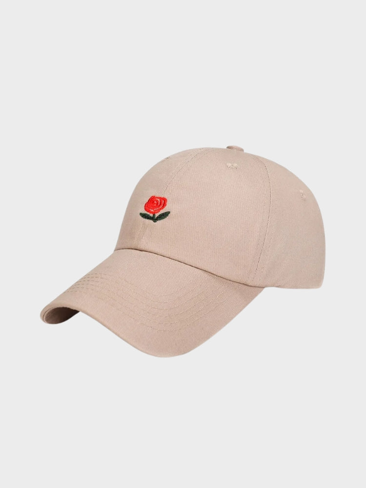 ELEGANT ROSE CAP WITH BLACK BASEBALL DESIGN AND RED ROSE DETAIL