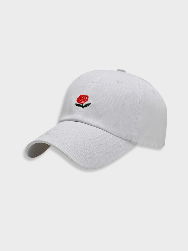 ELEGANT ROSE CAP WITH BLACK BASEBALL DESIGN AND RED ROSE DETAIL