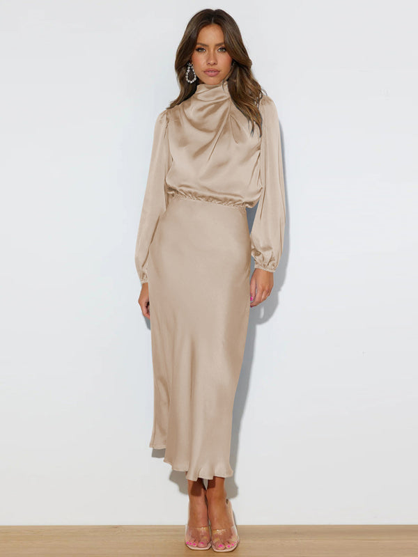 Elegant elegant women’s satin long sleeve loose dress - Cracker khaki / S