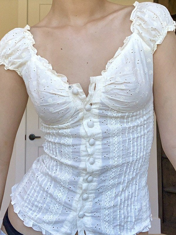 EMBROIDERED LACE CROP BLOUSE - WHITE EYELET BUTTON-DOWN TOP