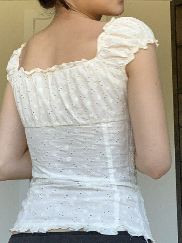 EMBROIDERED LACE CROP BLOUSE - WHITE EYELET BUTTON-DOWN TOP