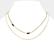 Emerald Cut Stone Cluster Pointed Stainless Steel Paperclip Chain Layered Necklace