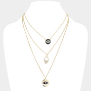 Enamel Rhinestone Embellished Evil Eye Hamsa Hand Pendant Triple Layered Necklace