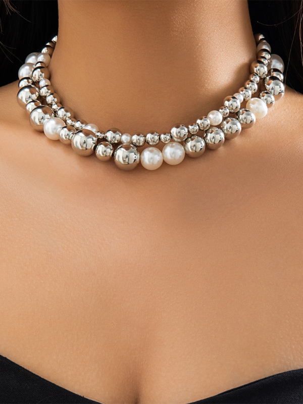 Exaggerated round punk collarbone chain Geometric beads Beaded necklace - Pattern3 / FREESIZE