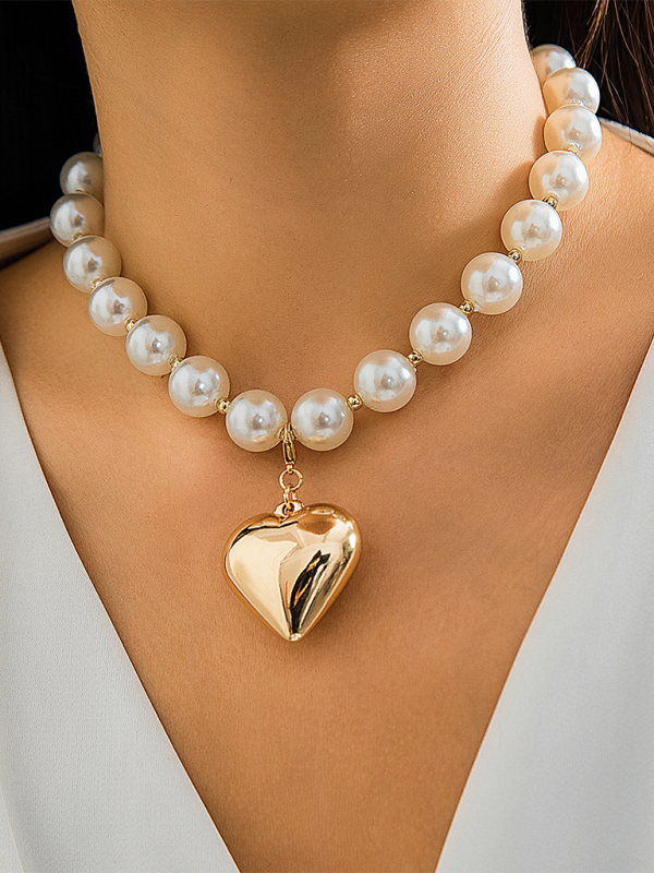 Exaggerated round punk collarbone chain Geometric beads Beaded necklace - White / FREESIZE