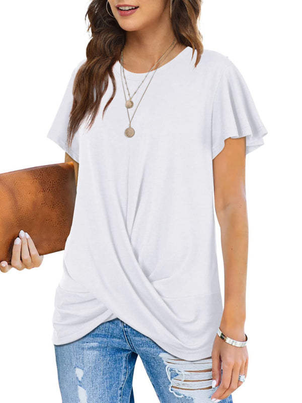 Explosive round neck solid color hem kink short-sleeved T-shirt - White / S