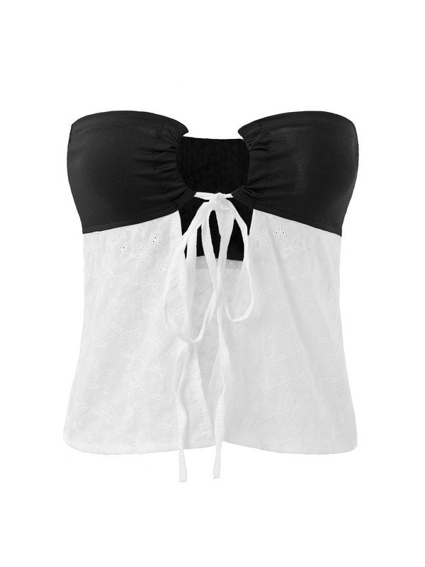 EYELET TUBE TOP COQUETTE CONTRAST BANDEAU CROP