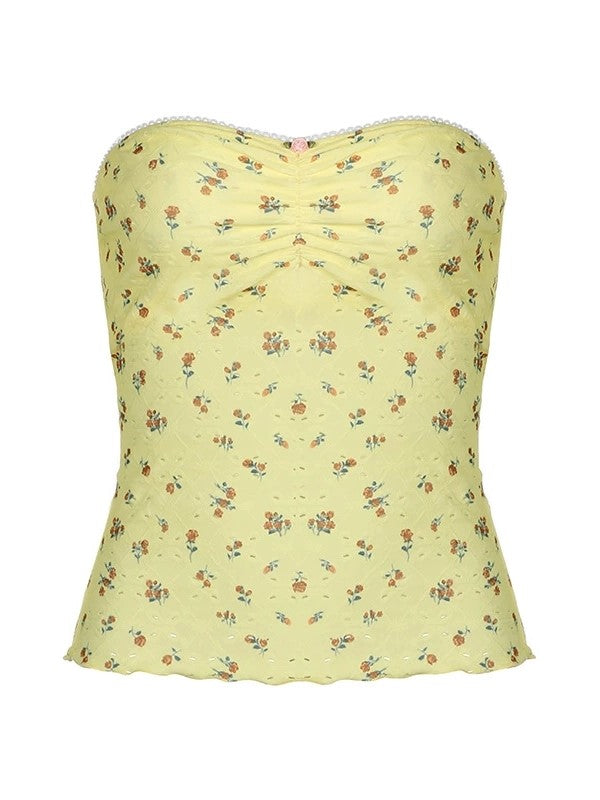 EYELET TUBE TOP IN YELLOW FLORAL WITH CUTE LACE CUTOUT DETAILS