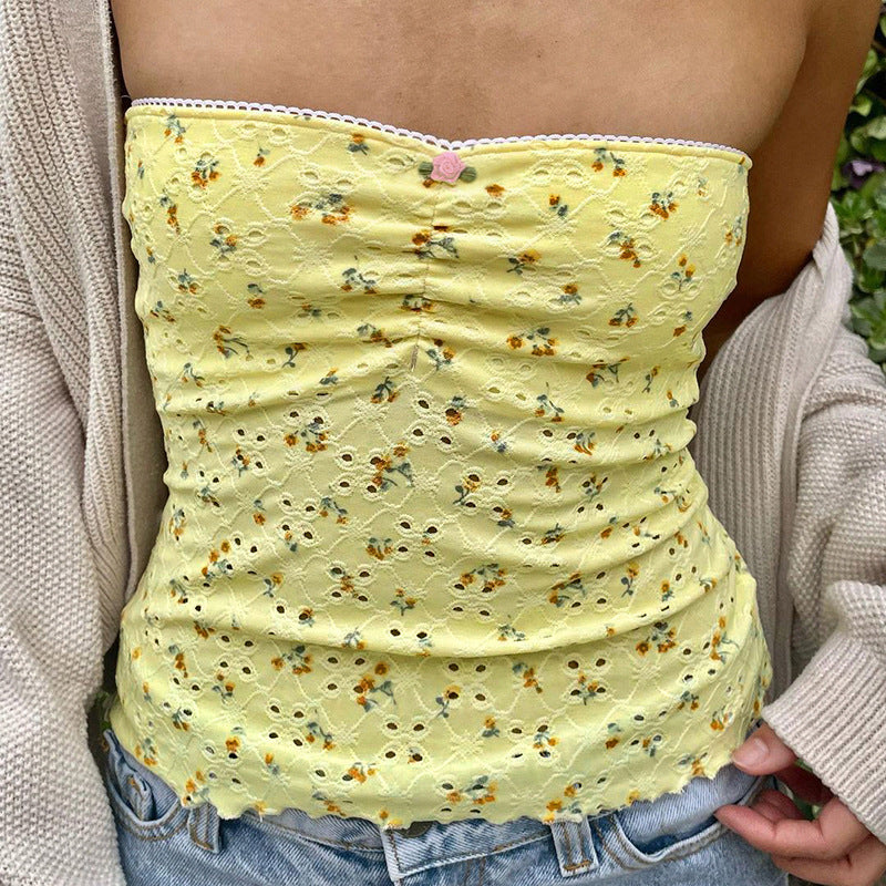 EYELET TUBE TOP IN YELLOW FLORAL WITH CUTE LACE CUTOUT DETAILS