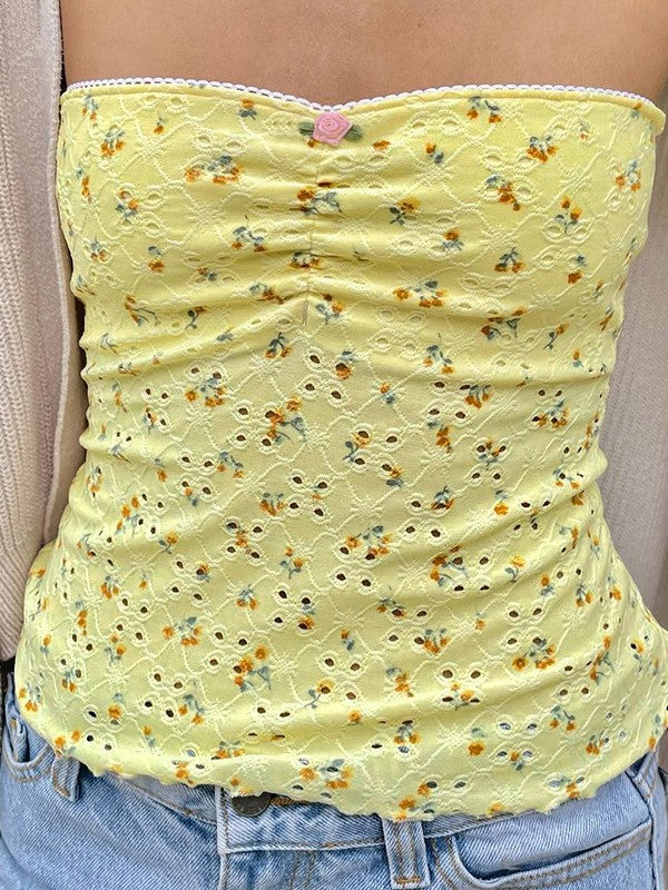 EYELET TUBE TOP IN YELLOW FLORAL WITH CUTE LACE CUTOUT DETAILS