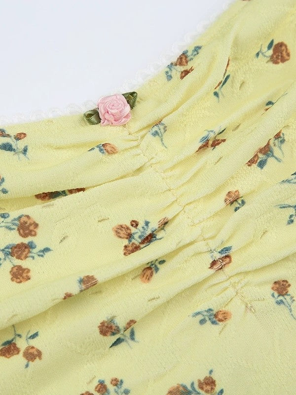 EYELET TUBE TOP IN YELLOW FLORAL WITH CUTE LACE CUTOUT DETAILS