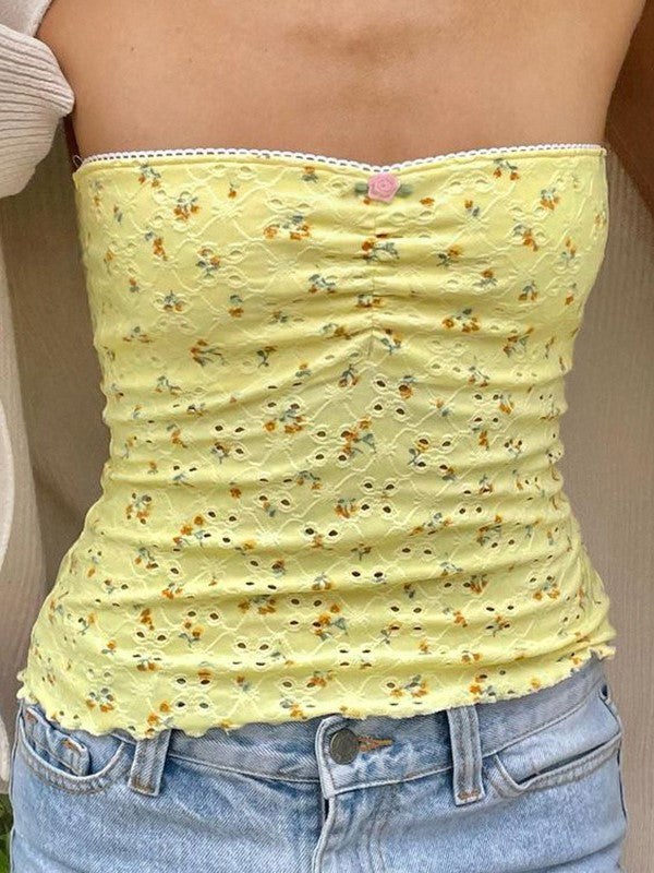 EYELET TUBE TOP IN YELLOW FLORAL WITH CUTE LACE CUTOUT DETAILS