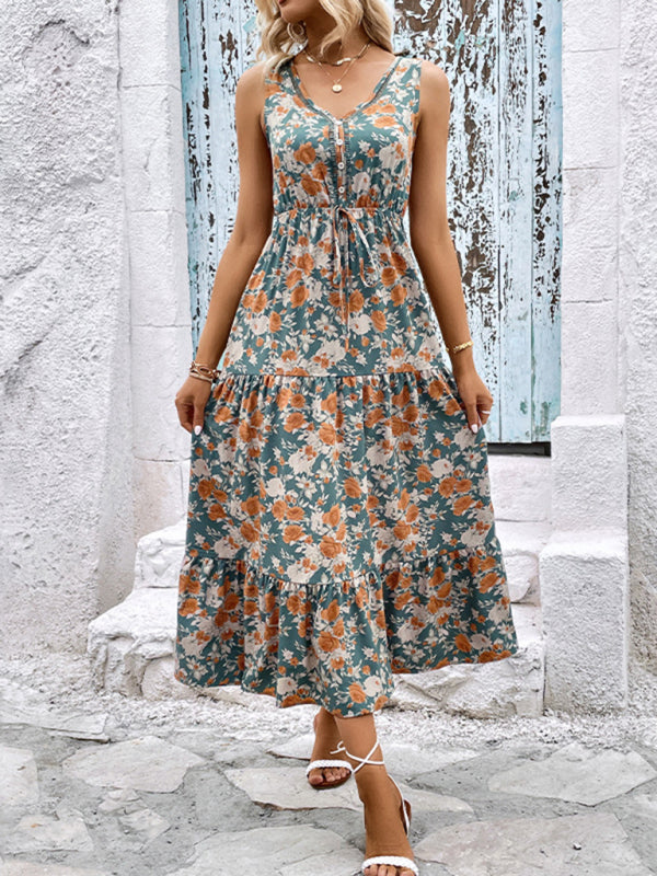 Fashion Casual Ladies Button Sleeveless Floral Print Dress - Green / S