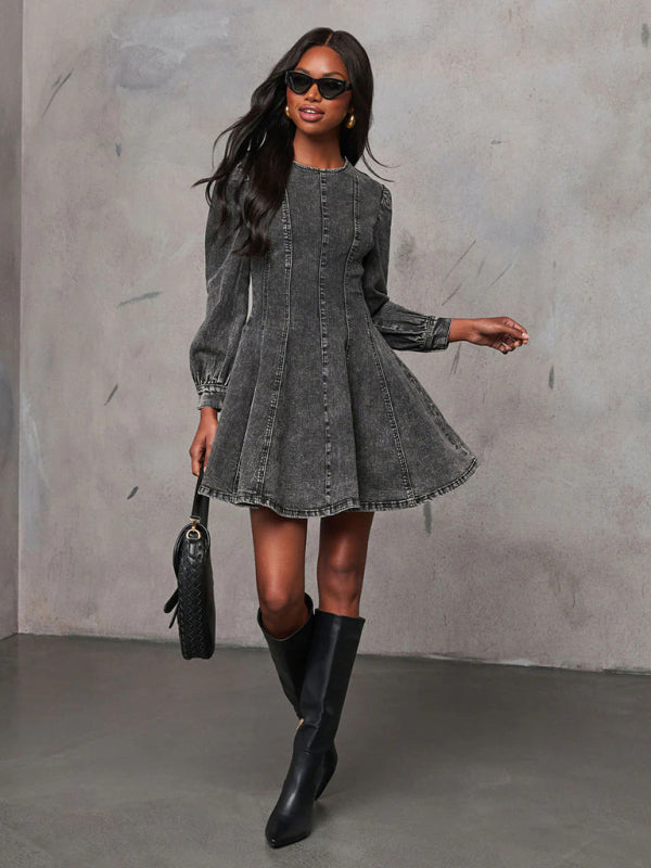 Fashion casual patchwork waist women’s denim long sleeve dress