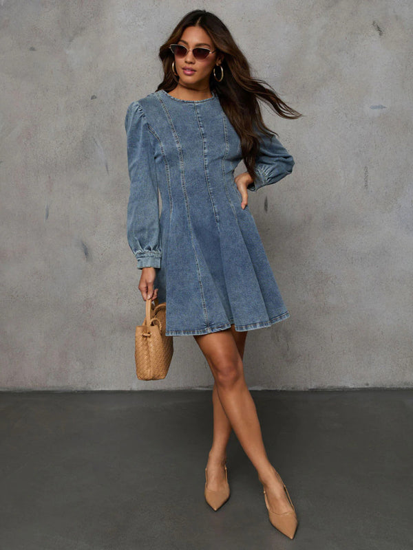 Fashion casual patchwork waist women’s denim long sleeve dress