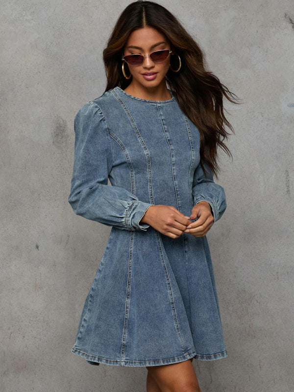 Fashion casual patchwork waist women’s denim long sleeve dress - Denim Blue / S