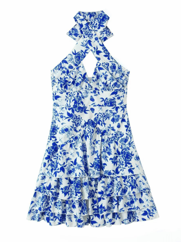 Fashion casual printed halterneck sleeveless dress - Blue / XS