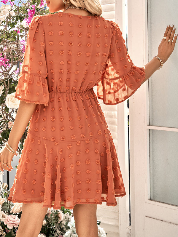 Fashion casual V-neck solid color waist short-sleeved dress