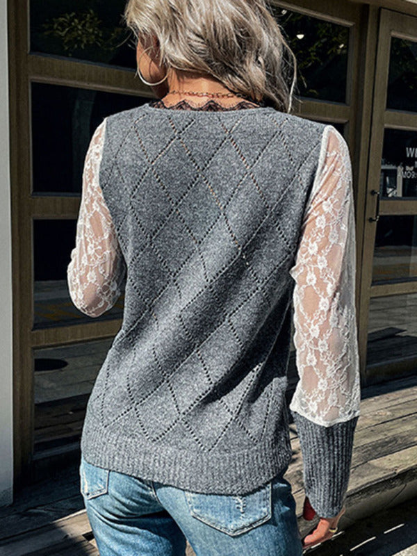 Fashion foreign trade cross-border women’s long-sleeved lace stitching sweater