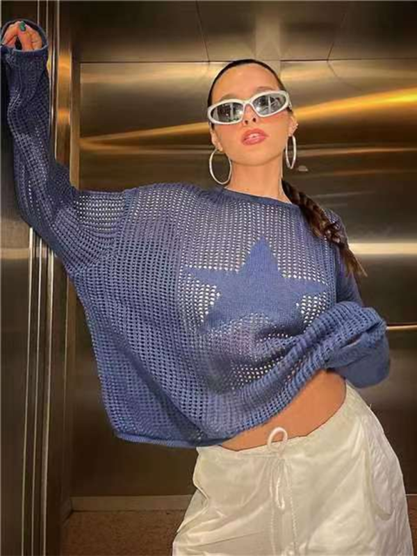 Fashion hollow jacquard five-pointed star long-sleeved sweater - Blue / S