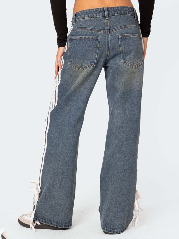 Fashion loose side drawstring wide-leg women’s jeans