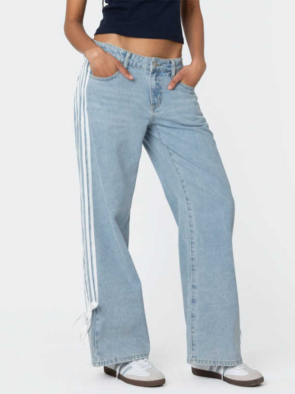 Fashion loose side drawstring wide-leg women’s jeans - Clear blue / S
