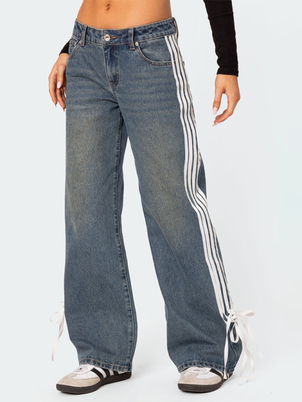 Fashion loose side drawstring wide-leg women’s jeans - Purplish blue navy / S