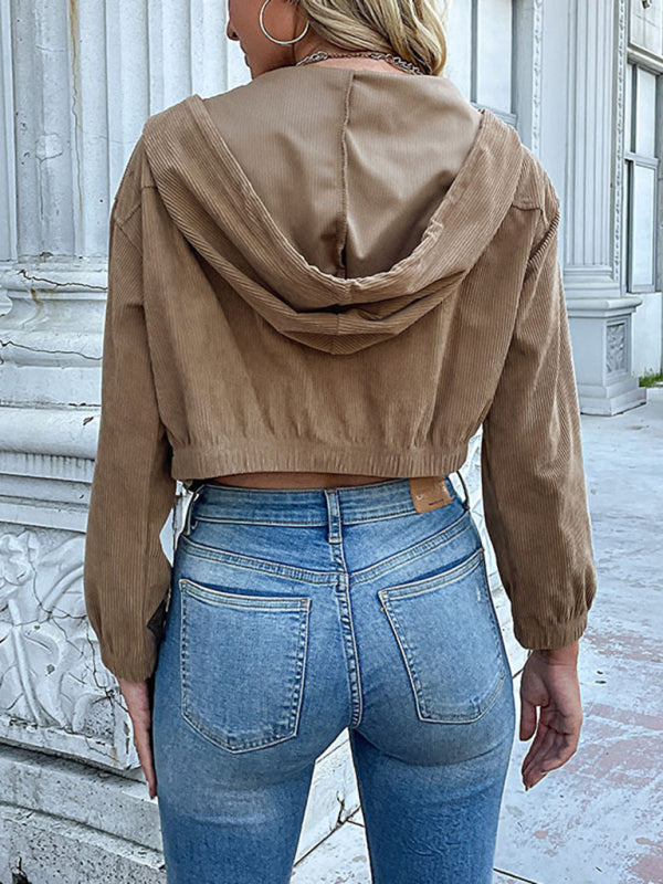 Fashion women's solid color hooded corduroy jacket - Closther
