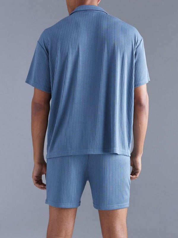 Fashionable and casual solid color dark blue short-sleeved shirt and shorts two-piece men’s suit