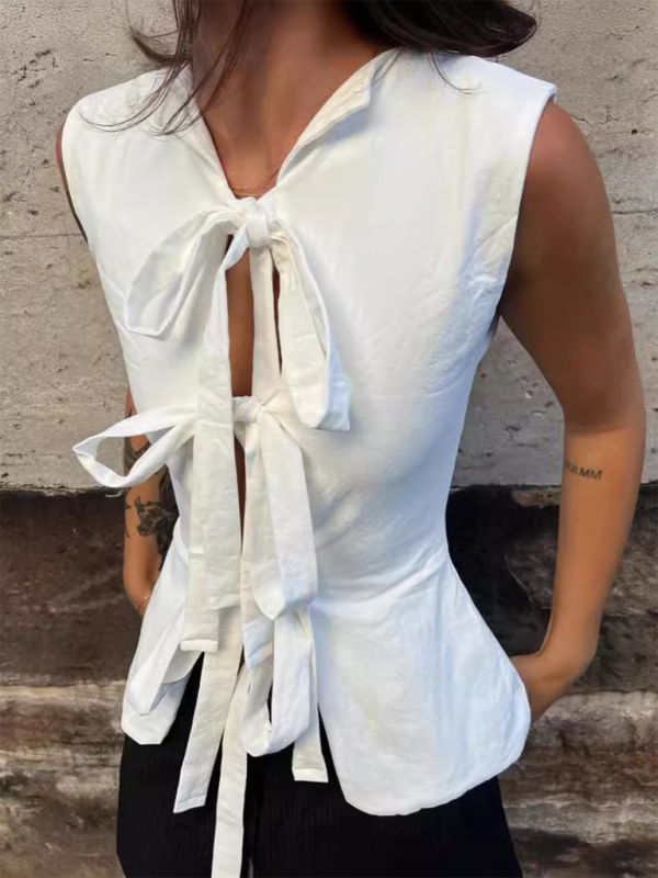 Fashionable and sexy sleeveless slim fit hollow lace-up vest - White / S