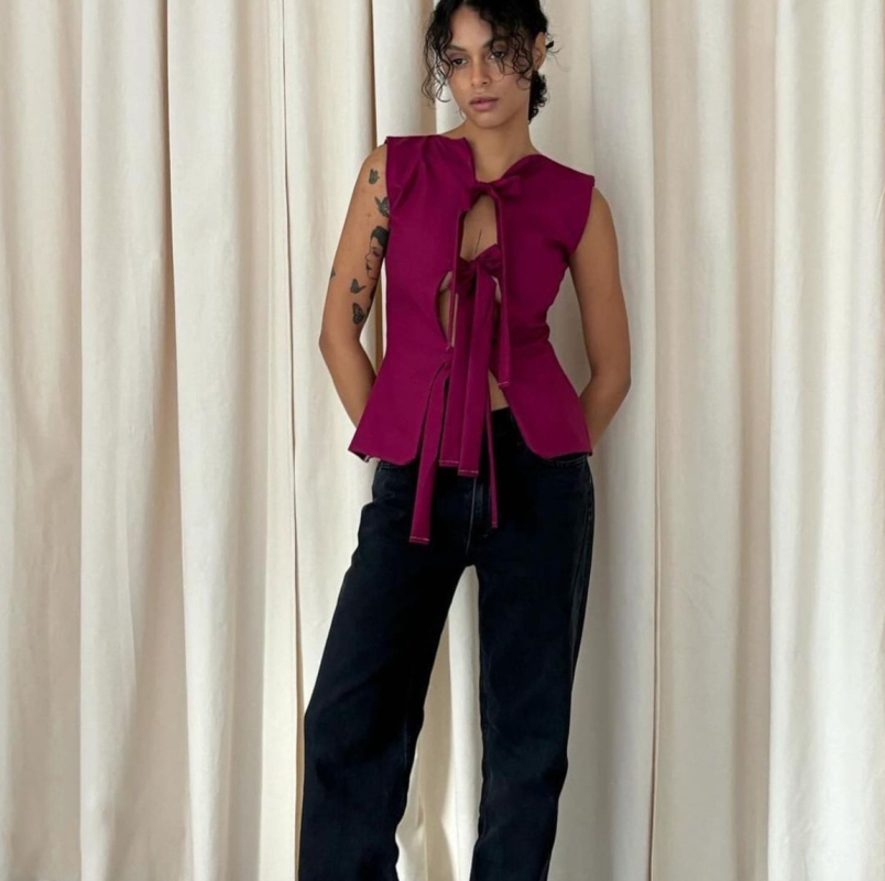 Fashionable and sexy sleeveless slim fit hollow lace-up vest - Wine Red / S