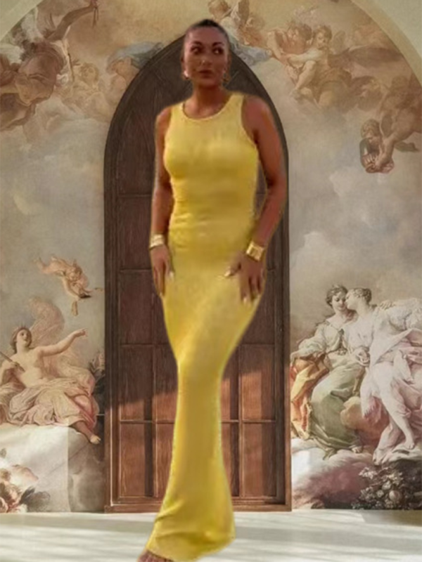 Fashionable and sexy U-neck slim fit sequined hip sleeveless vest dress - Yellow / S