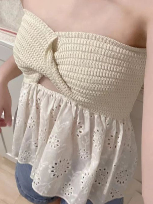 Fashionable casual knitted embroidered stitching holiday sexy tube top top - Cracker khaki / S