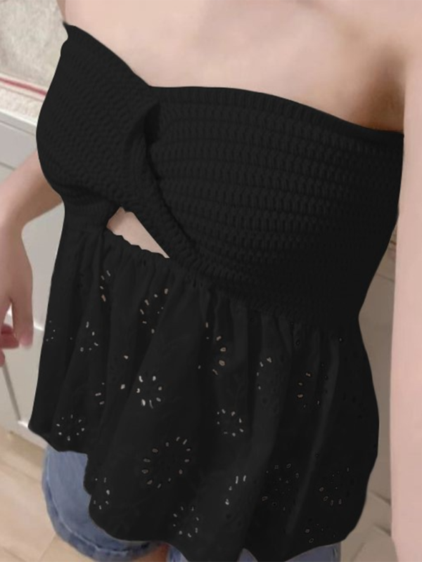 Fashionable casual knitted embroidered stitching holiday sexy tube top top - Black / S