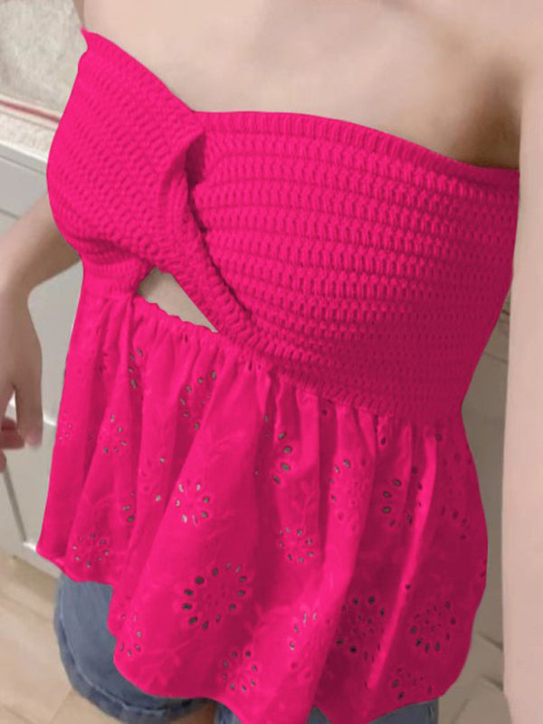 Fashionable casual knitted embroidered stitching holiday sexy tube top top - Rose / S