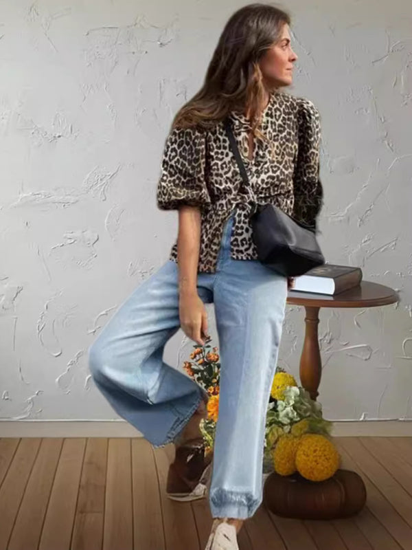 Fashionable Casual Leopard Print Hollow Lace Up Puff Sleeve Shirt Women’s Top
