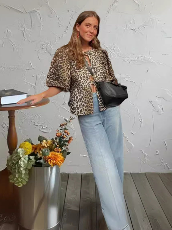 Fashionable Casual Leopard Print Hollow Lace Up Puff Sleeve Shirt Women’s Top