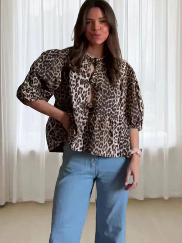Fashionable Casual Leopard Print Hollow Lace Up Puff Sleeve Shirt Women’s Top - Leopard / XS