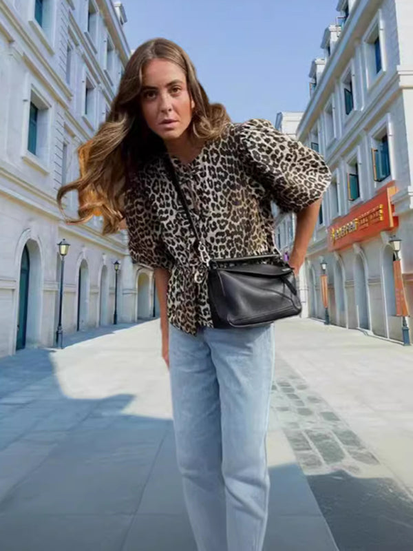 Fashionable Casual Leopard Print Hollow Lace Up Puff Sleeve Shirt Women’s Top