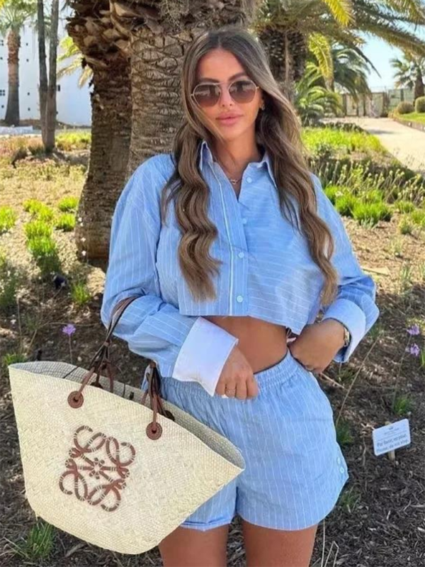 Fashionable contrast striped short shirt + shorts two-piece set - Shorts / S