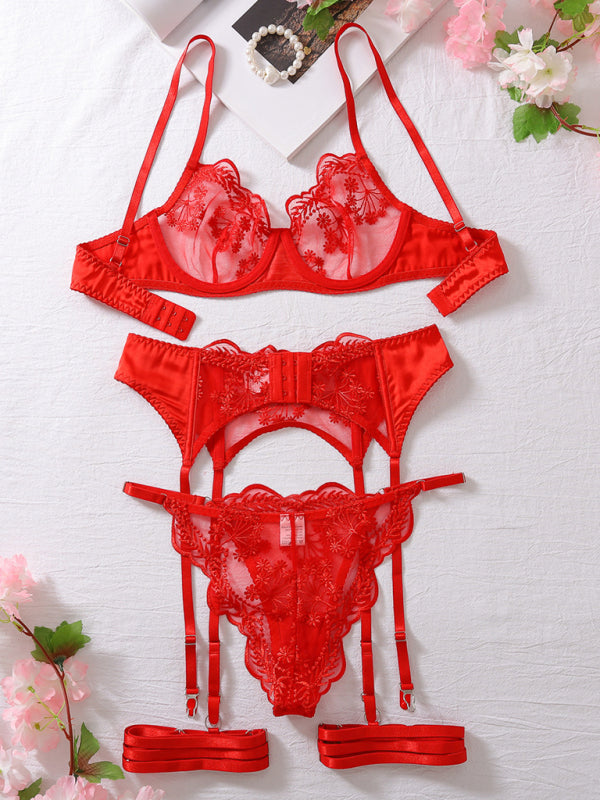 Fashionable embroidery patchwork sexy body-shaping lingerie four-piece set - Red / S