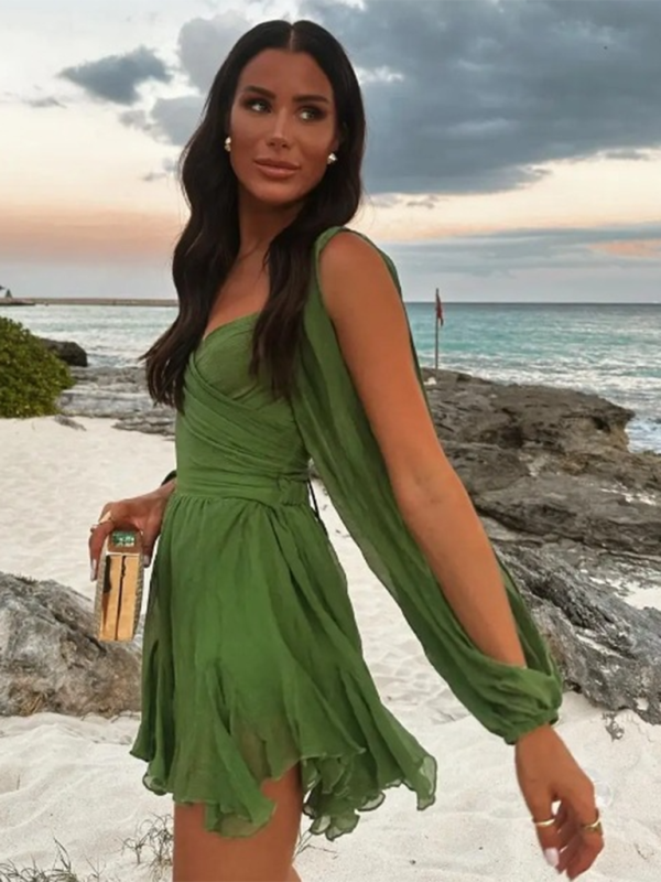 Fashionable off-shoulder sleeves V-neck sexy dress - Deep green / S