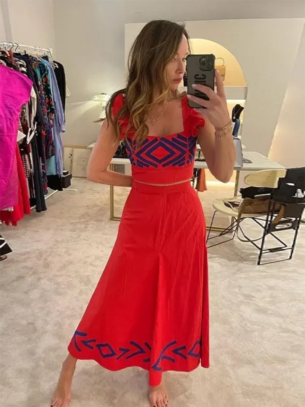 Fashionable sleeveless wavy edge printed vest and skirt suit - Red / S