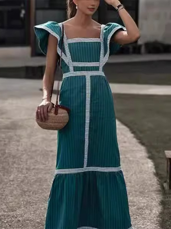 Fashionable square neck contrast patchwork dress - Spearmint viridis / S