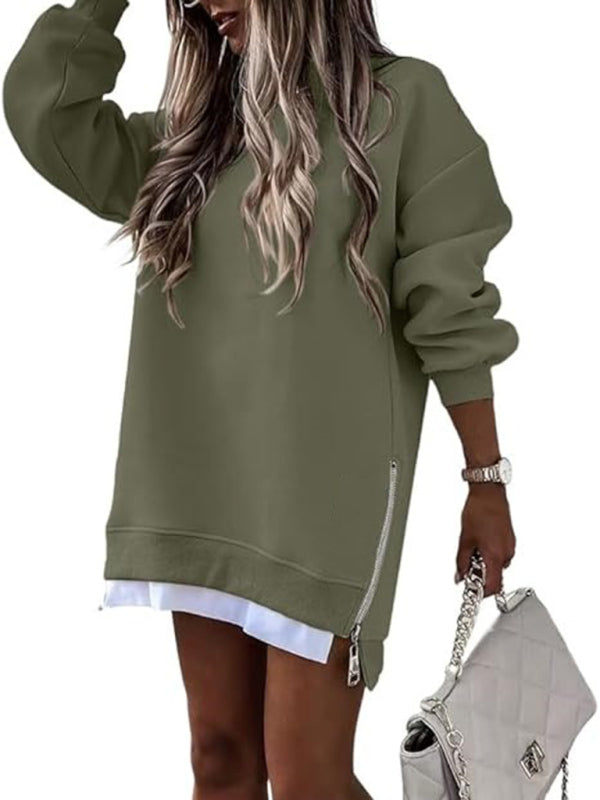Fashionable stitching side zipper design pullover sweatshirt - Green / S