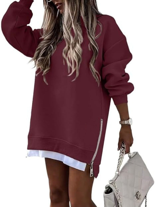 Fashionable stitching side zipper design pullover sweatshirt - Wine Red / S